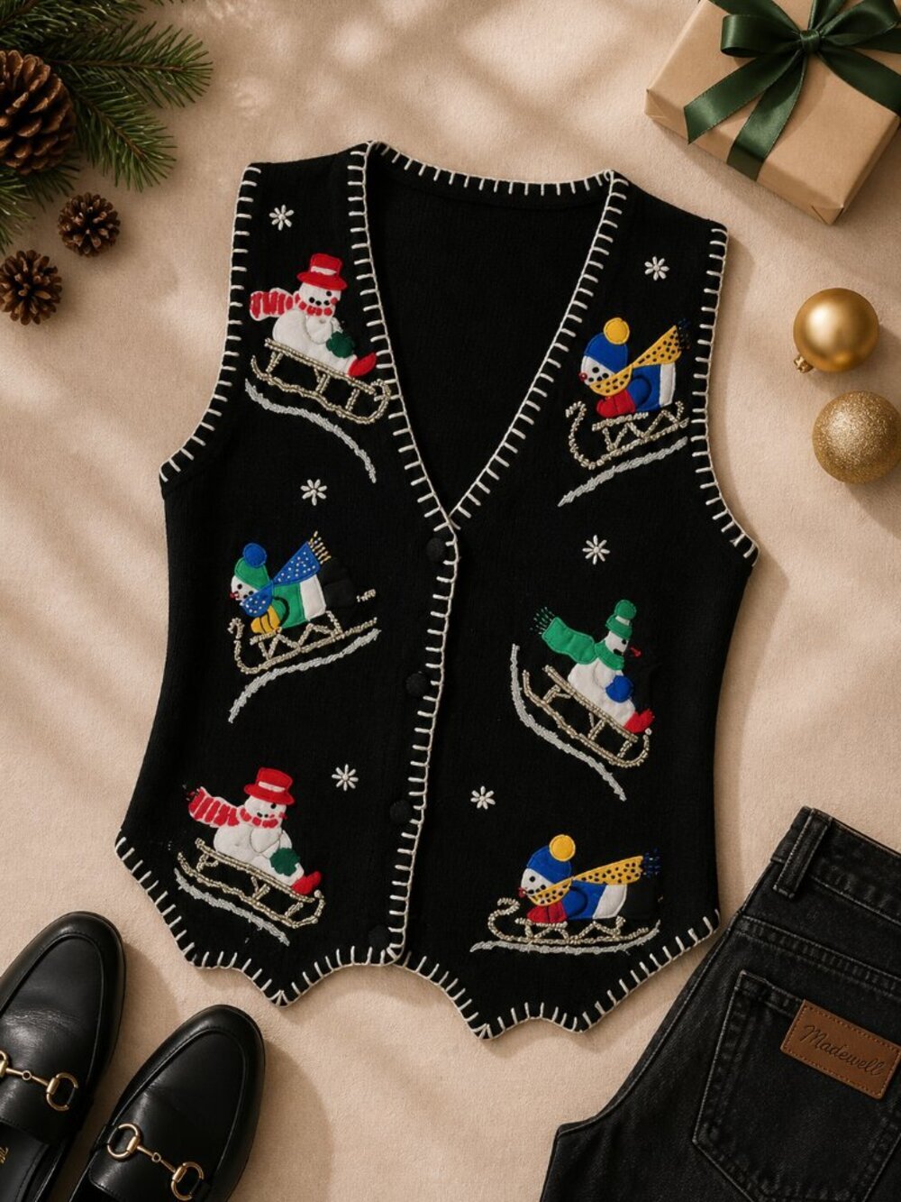 Victoria Jones Holiday Sweater Vest Santa Sleigh – Size Medium - Picture 1 of 6
